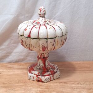 Vintage MCM Red Orange Drip Glaze Pumpkin Look Pedestal Candy Dish READ